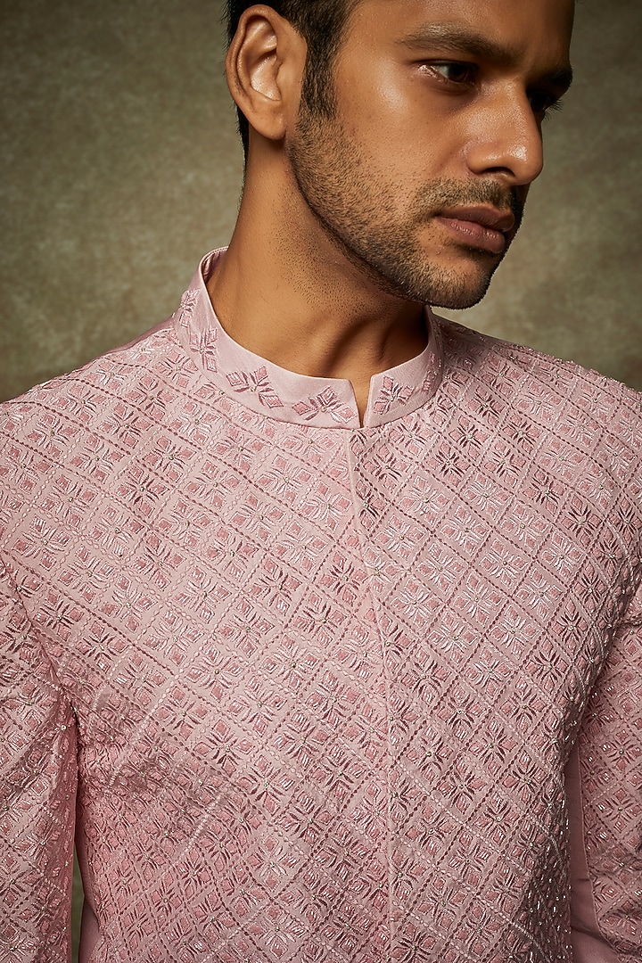 Pink Silk Embroidered Groom Sherwani Set by Varun Chakkilam Men at Pernia's Pop Up Shop