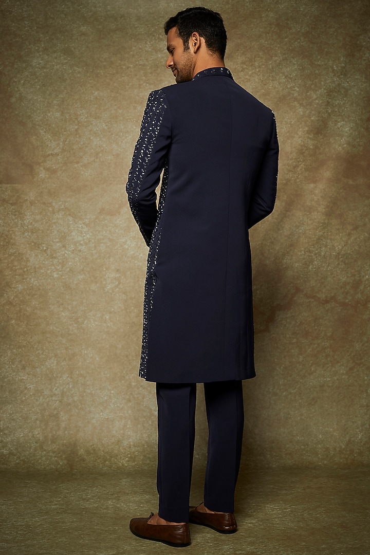 Navy Blue Silk Embroidered Groom Sherwani Set by Varun Chakkilam Men at Pernia's Pop Up Shop