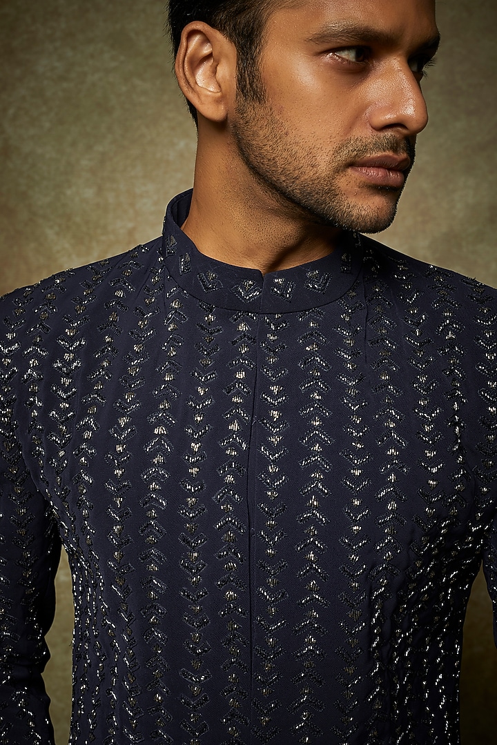 Navy Blue Silk Embroidered Groom Sherwani Set by Varun Chakkilam Men at Pernia's Pop Up Shop