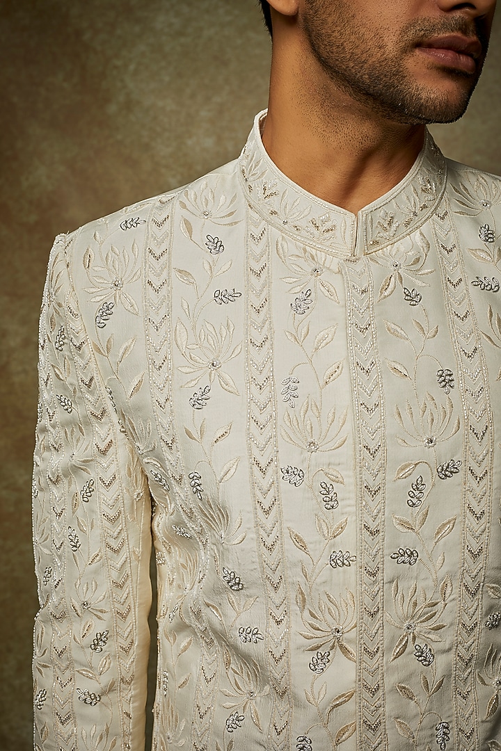 Ivory Silk Embroidered Groom Sherwani Set by Varun Chakkilam Men at Pernia's Pop Up Shop