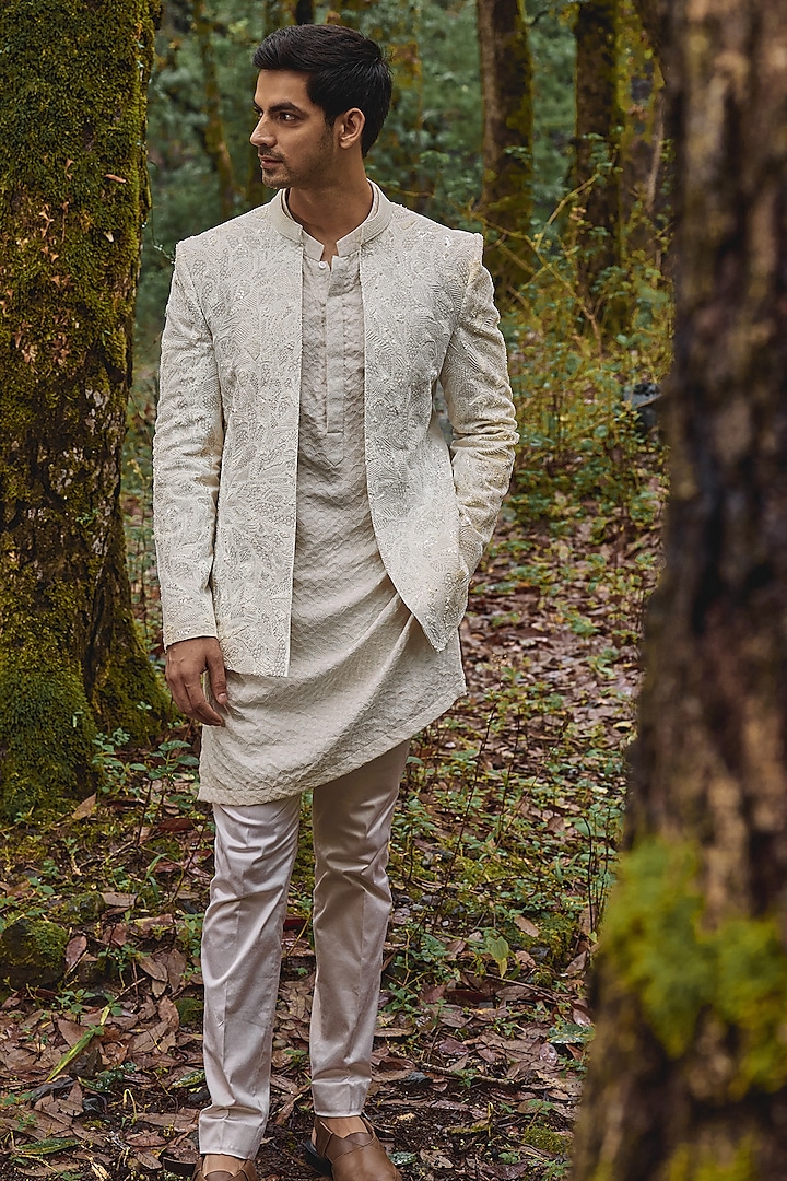 Alabaster White Twill Silk & Satin Lycra Beads Embroidered Open Indowestern Jacket Set by Varun Chakkilam Men