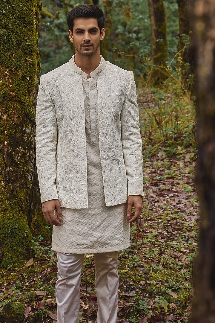 Alabaster White Twill Silk & Satin Lycra Beads Embroidered Open Groom Indowestern Jacket Set by Varun Chakkilam Men at Pernia's Pop Up Shop
