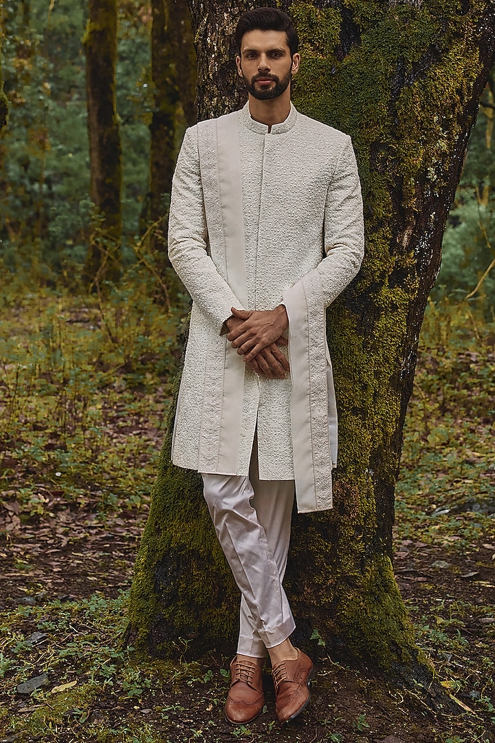 Alabaster White Twill Silk & Satin Lycra Geometric Embroidered Sherwani Set by Varun Chakkilam Men