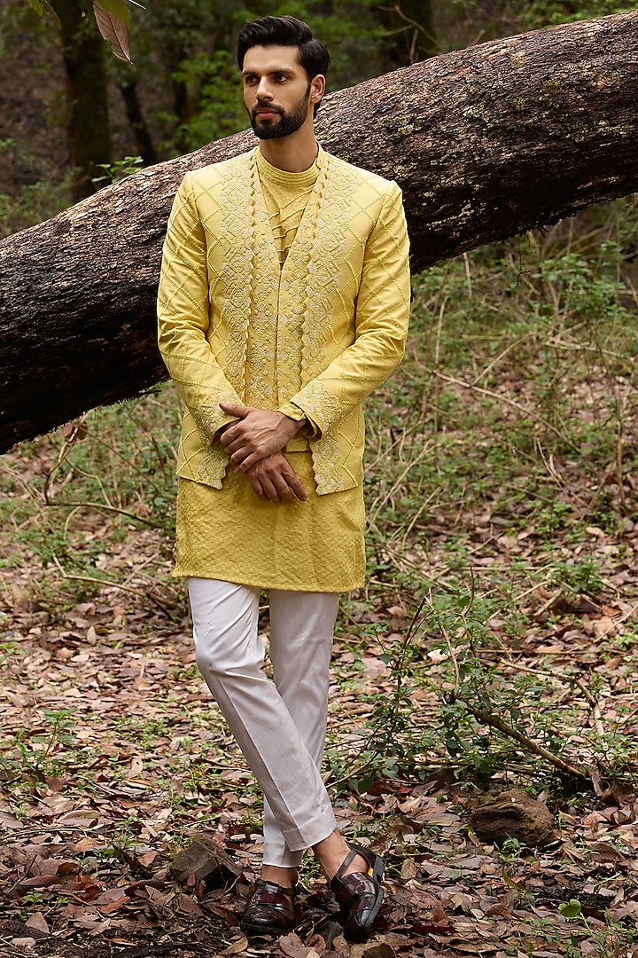 Mellow Yellow Twill Silk & Satin Lycra Pearl Embroidered Indowestern Set by Varun Chakkilam Men