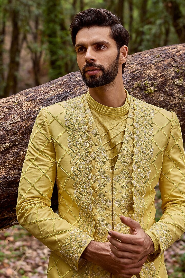 Mellow Yellow Twill Silk & Satin Lycra Pearl Embroidered Groom Indowestern Set by Varun Chakkilam Men at Pernia's Pop Up Shop
