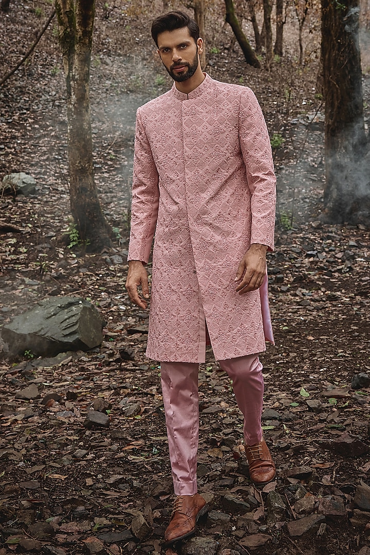 Peachy Pink Twill Silk & Satin Lycra Pearl Embroidered Sherwani Set by Varun Chakkilam Men