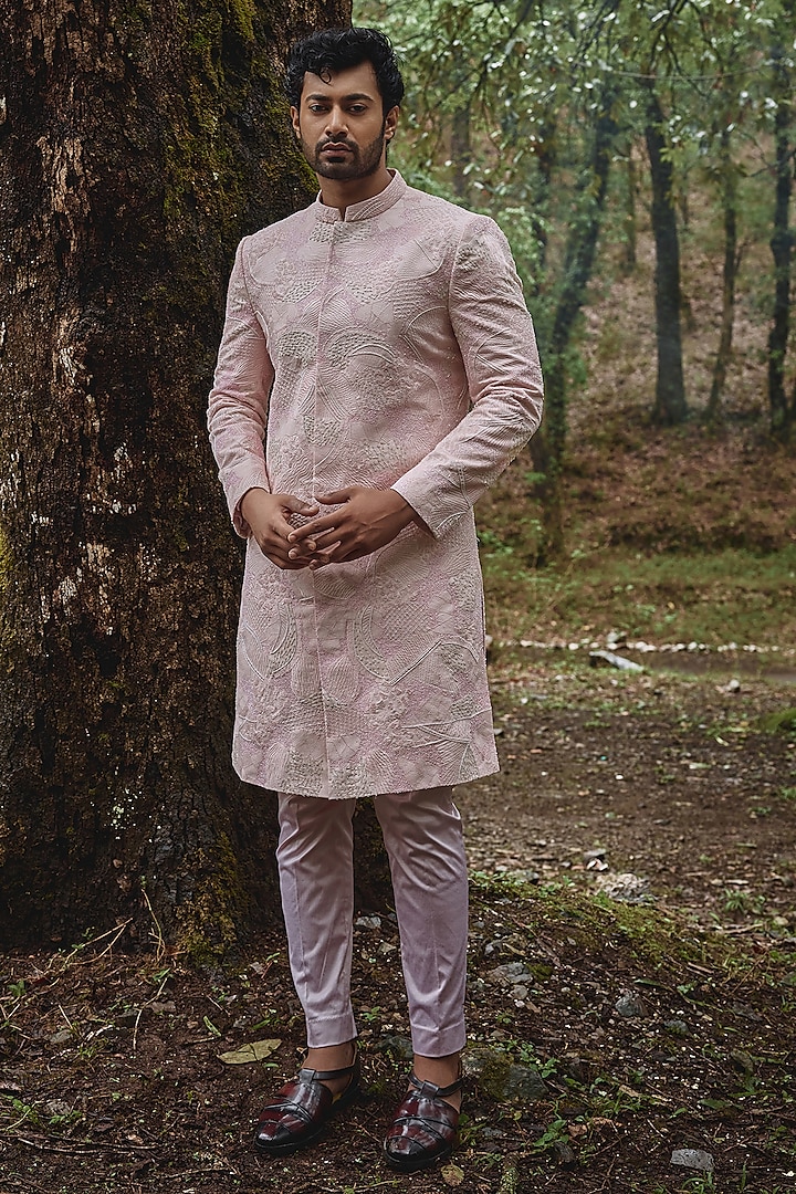 Blush Pink Twill Silk & Satin Lycra Pearl Embroidered Sherwani Set by Varun Chakkilam Men