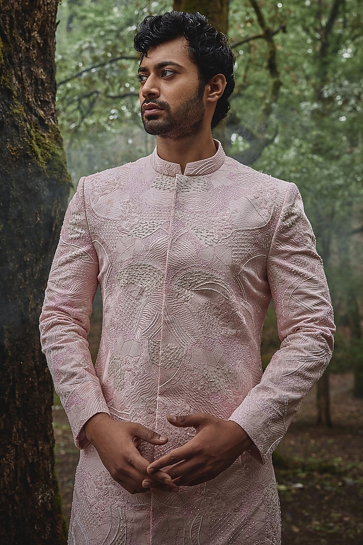 Blush Pink Twill Silk & Satin Lycra Pearl Embroidered Groom Sherwani Set by Varun Chakkilam Men at Pernia's Pop Up Shop