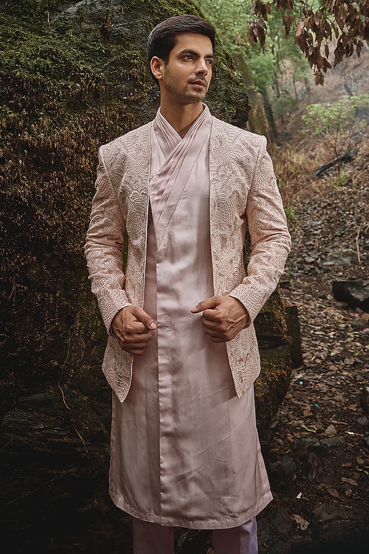 Light Pink Twill Silk & Satin Lycra Pearl Embroidered Groom Indowestern Set by Varun Chakkilam Men at Pernia's Pop Up Shop