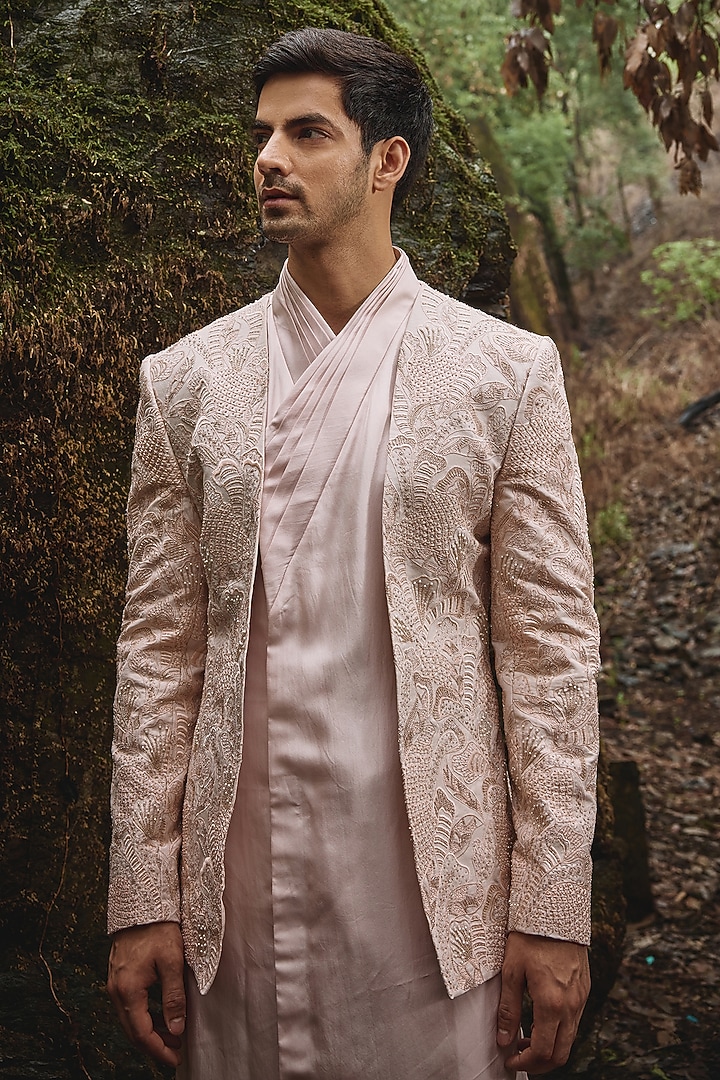 Light Pink Twill Silk & Satin Lycra Pearl Embroidered Groom Indowestern Set by Varun Chakkilam Men at Pernia's Pop Up Shop