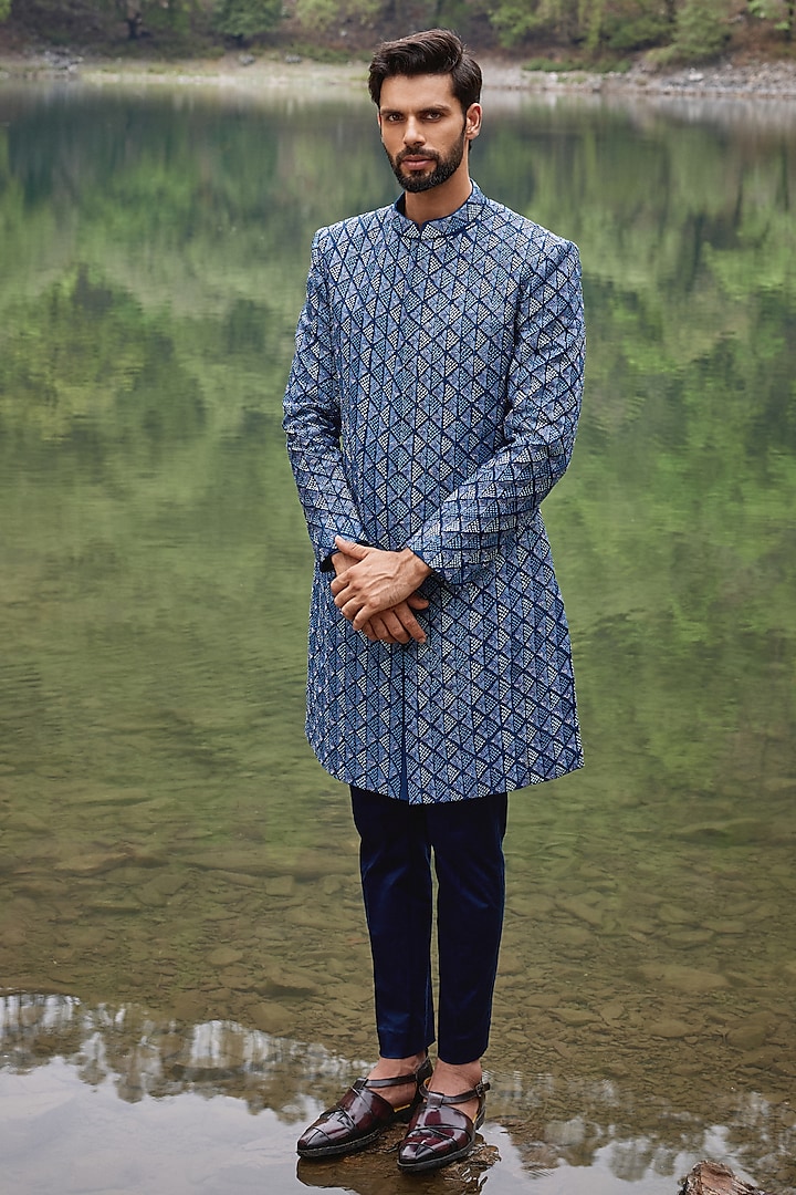 Midnight Blue Raw Silk & Satin Lycra Geometric Embroidered Sherwani Set by Varun Chakkilam Men