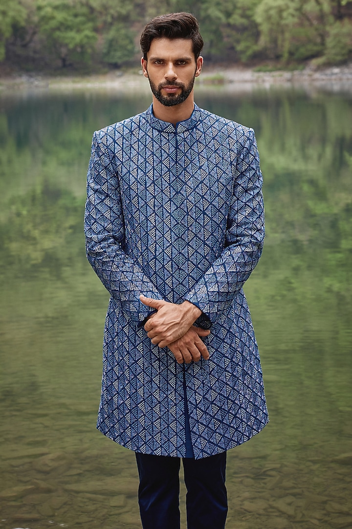 Midnight Blue Raw Silk & Satin Lycra Geometric Embroidered Groom Sherwani Set by Varun Chakkilam Men at Pernia's Pop Up Shop