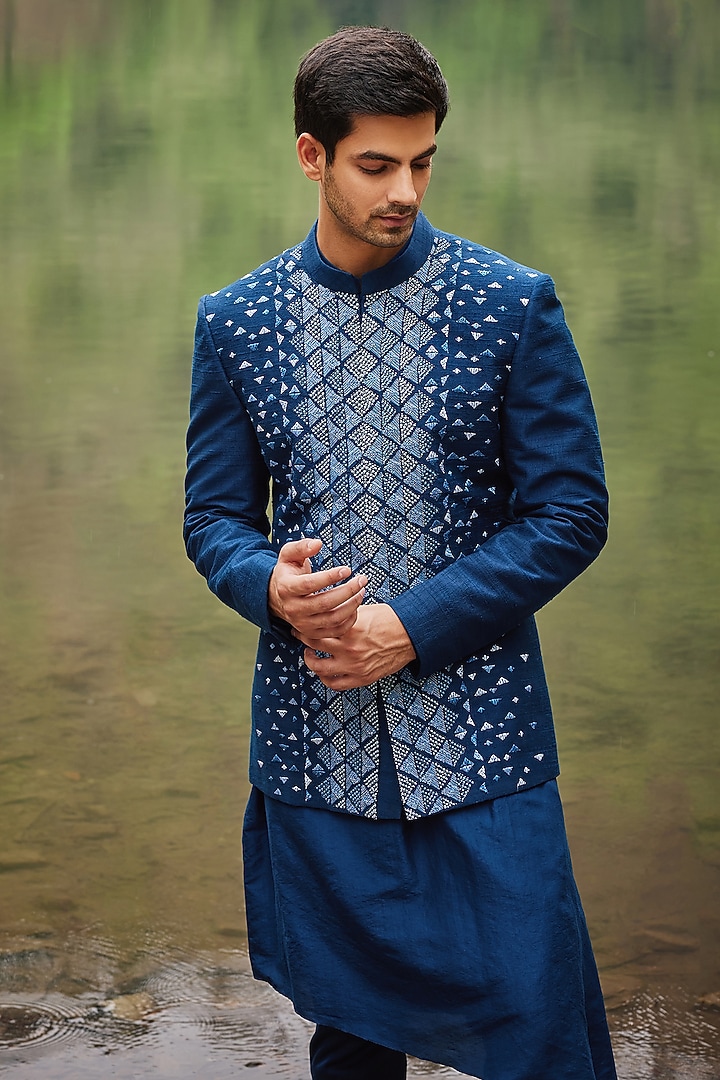 Midnight Blue Raw Silk & Satin Lycra Thread Embroidered Groom Indowestern Jacket Set by Varun Chakkilam Men at Pernia's Pop Up Shop