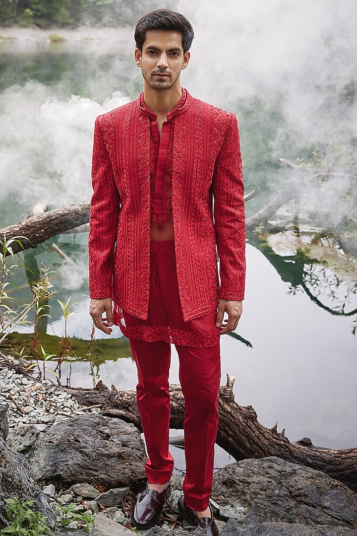 Scarlet Red Twill Silk & Satin Lycra Embroidered Open Indowestern Jacket Set by Varun Chakkilam Men