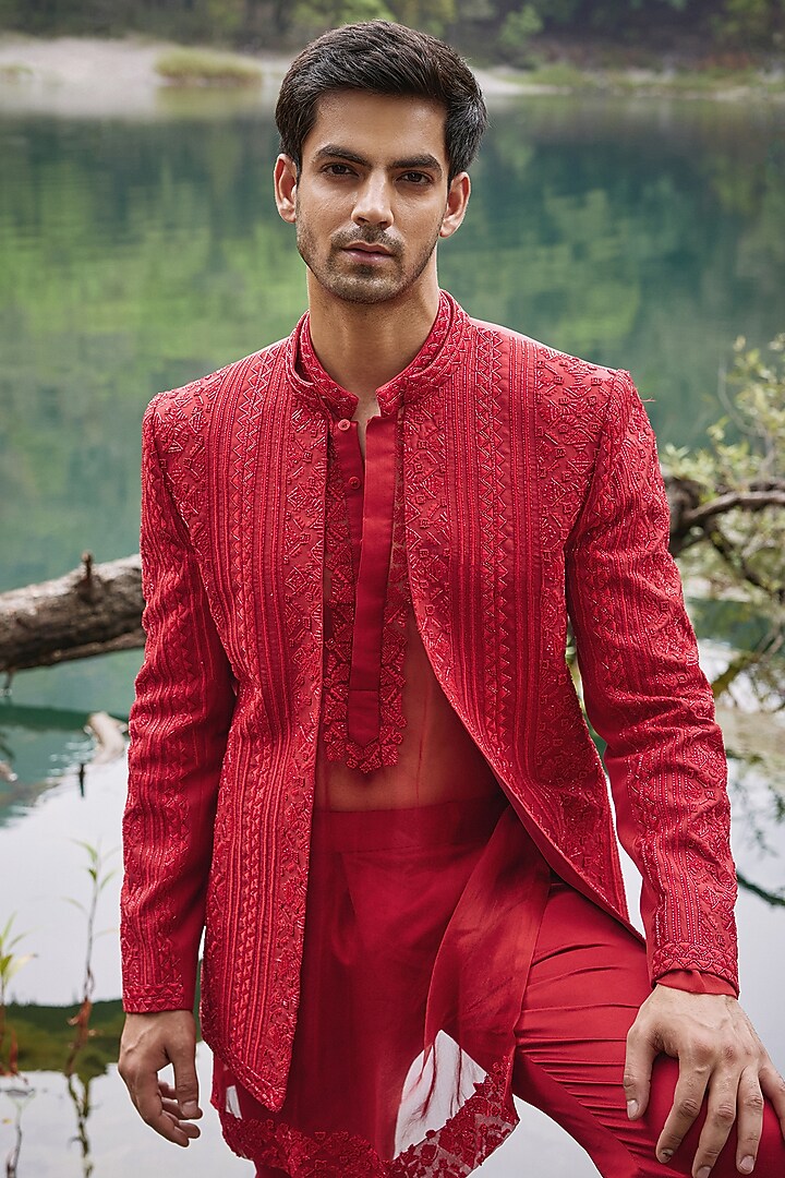 Scarlet Red Twill Silk & Satin Lycra Embroidered Open Groom Indowestern Jacket Set by Varun Chakkilam Men at Pernia's Pop Up Shop