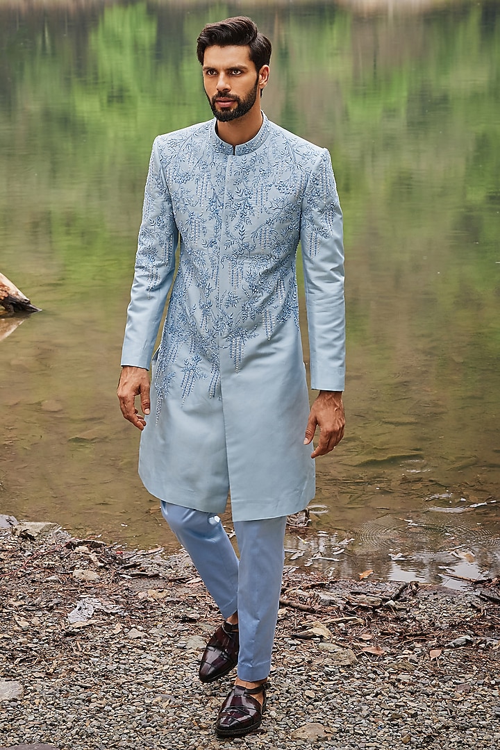 Pastel Blue Twill Silk & Satin Lycra Embroidered Sherwani Set by Varun Chakkilam Men