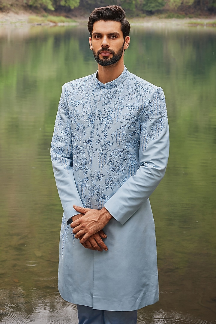 Pastel Blue Twill Silk & Satin Lycra Embroidered Groom Sherwani Set by Varun Chakkilam Men at Pernia's Pop Up Shop