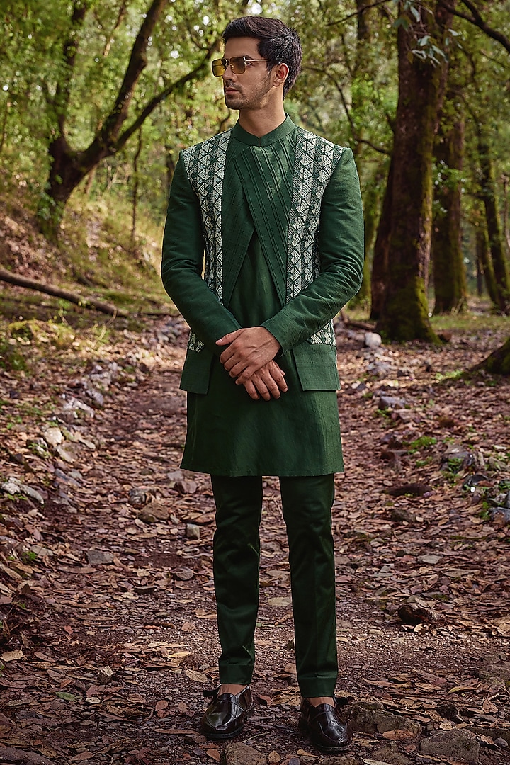 Olive Green Raw Silk & Satin Lycra Embroidered Open Indowestern Jacket Set by Varun Chakkilam Men