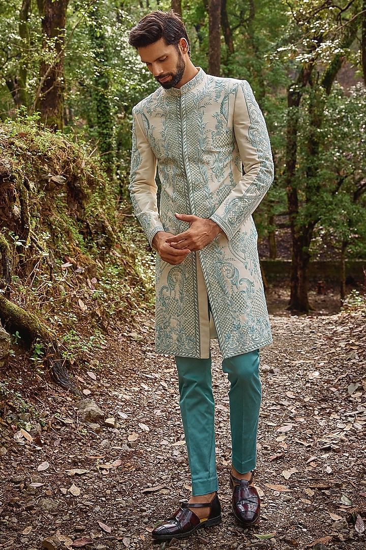 Pastel Blue Twill Silk & Satin Lycra Embroidered Sherwani Set by Varun Chakkilam Men