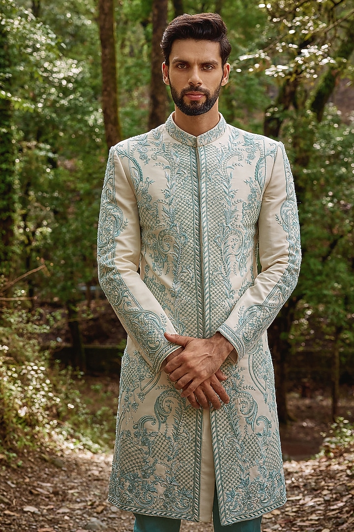 Pastel Blue Twill Silk & Satin Lycra Embroidered Groom Sherwani Set by Varun Chakkilam Men at Pernia's Pop Up Shop