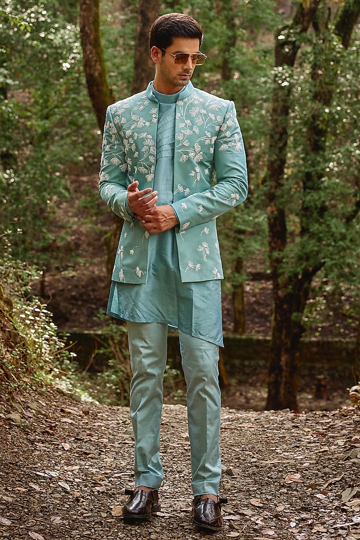 Cadet Blue Twill Silk & Satin Lycra Embroidered Open Jacket Set by Varun Chakkilam Men