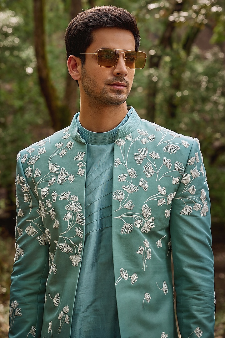 Cadet Blue Twill Silk & Satin Lycra Embroidered Open Jacket Set by Varun Chakkilam Men at Pernia's Pop Up Shop