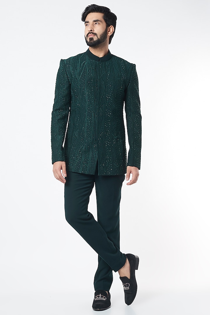 Emerald Green Scattered Jacket Set by Varun Chakkilam Men