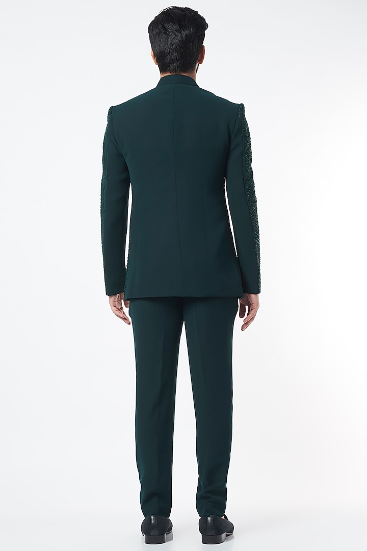 Emerald Green Polyblend Suiting Scattered Groom Bandhgala Set by Varun Chakkilam Men at Pernia's Pop Up Shop
