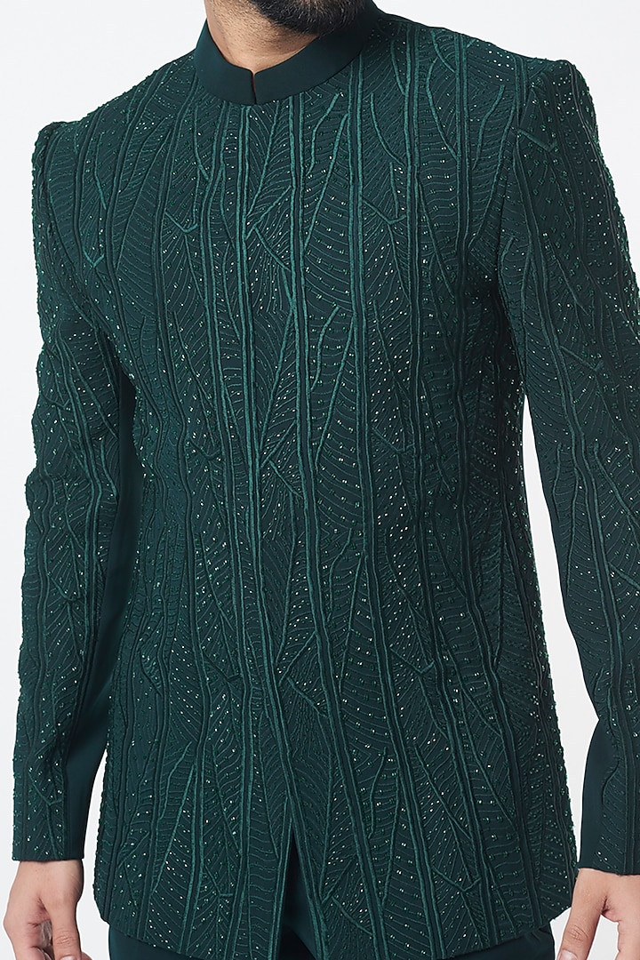 Emerald Green Polyblend Suiting Scattered Groom Bandhgala Set by Varun Chakkilam Men at Pernia's Pop Up Shop