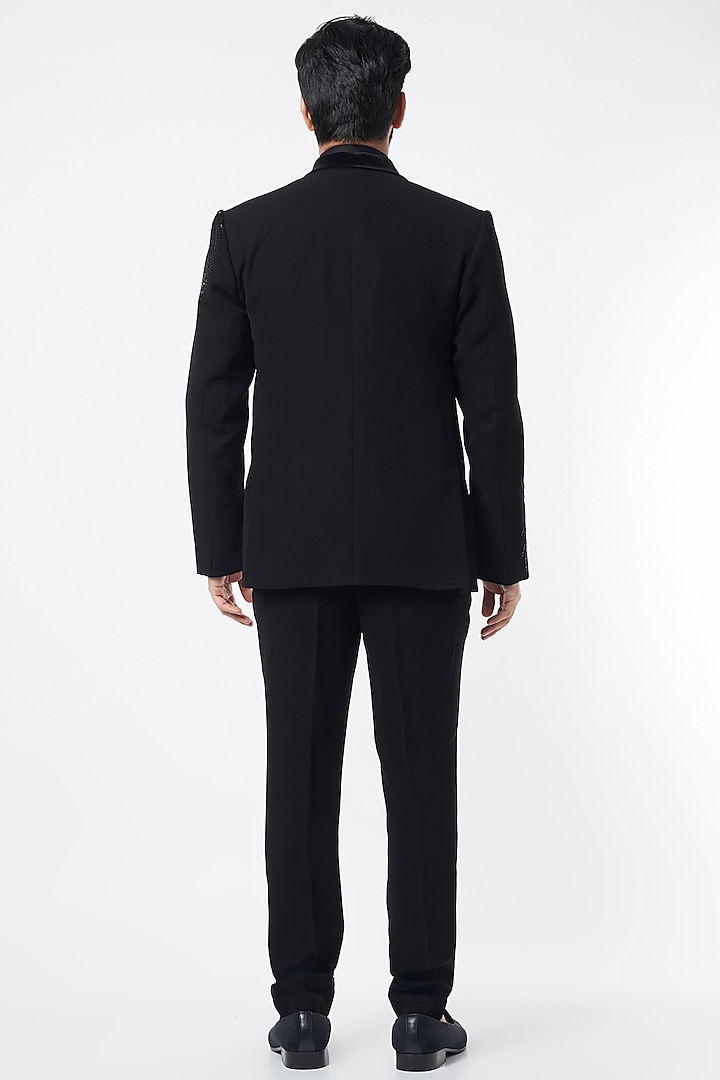 Black Polyblend Suiting Stroked Blazer Set by Varun Chakkilam Men at Pernia's Pop Up Shop