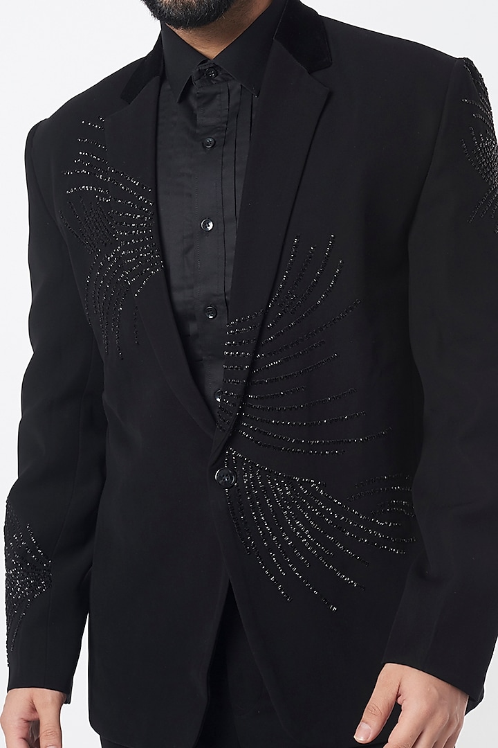 Black Polyblend Suiting Stroked Blazer Set by Varun Chakkilam Men at Pernia's Pop Up Shop