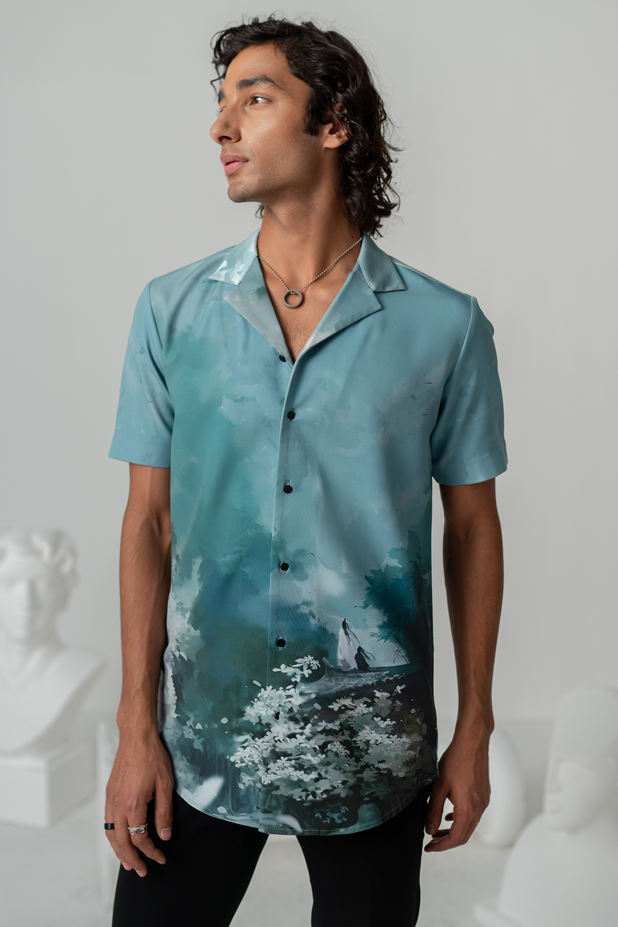 Aquamarine Italian Crepe Sakura Printed Shirt by Varun Chakkilam Men