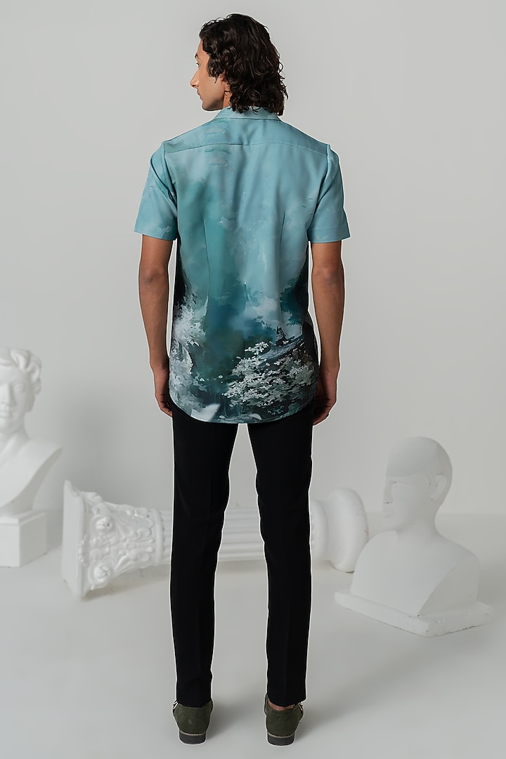Aquamarine Italian Crepe Sakura Printed Party Wear Shirt by Varun Chakkilam Men at Pernia's Pop Up Shop