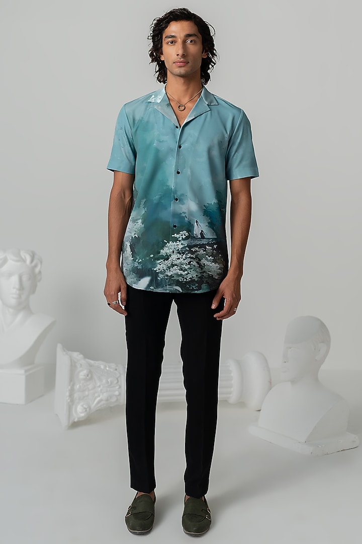 Aquamarine Italian Crepe Sakura Printed Party Wear Shirt by Varun Chakkilam Men at Pernia's Pop Up Shop