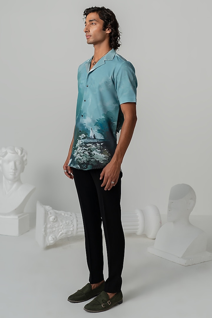 Aquamarine Italian Crepe Sakura Printed Party Wear Shirt by Varun Chakkilam Men at Pernia's Pop Up Shop