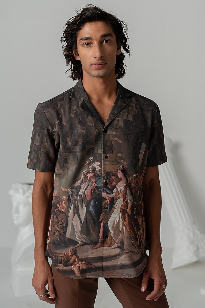 Turkish Coffee Italian Crepe Shirt by Varun Chakkilam Men