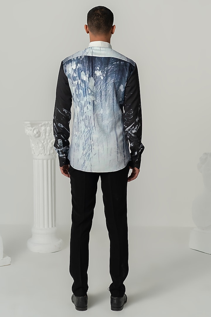 Black Italian Crepe Printed Wedding Shirt by Varun Chakkilam Men at Pernia's Pop Up Shop