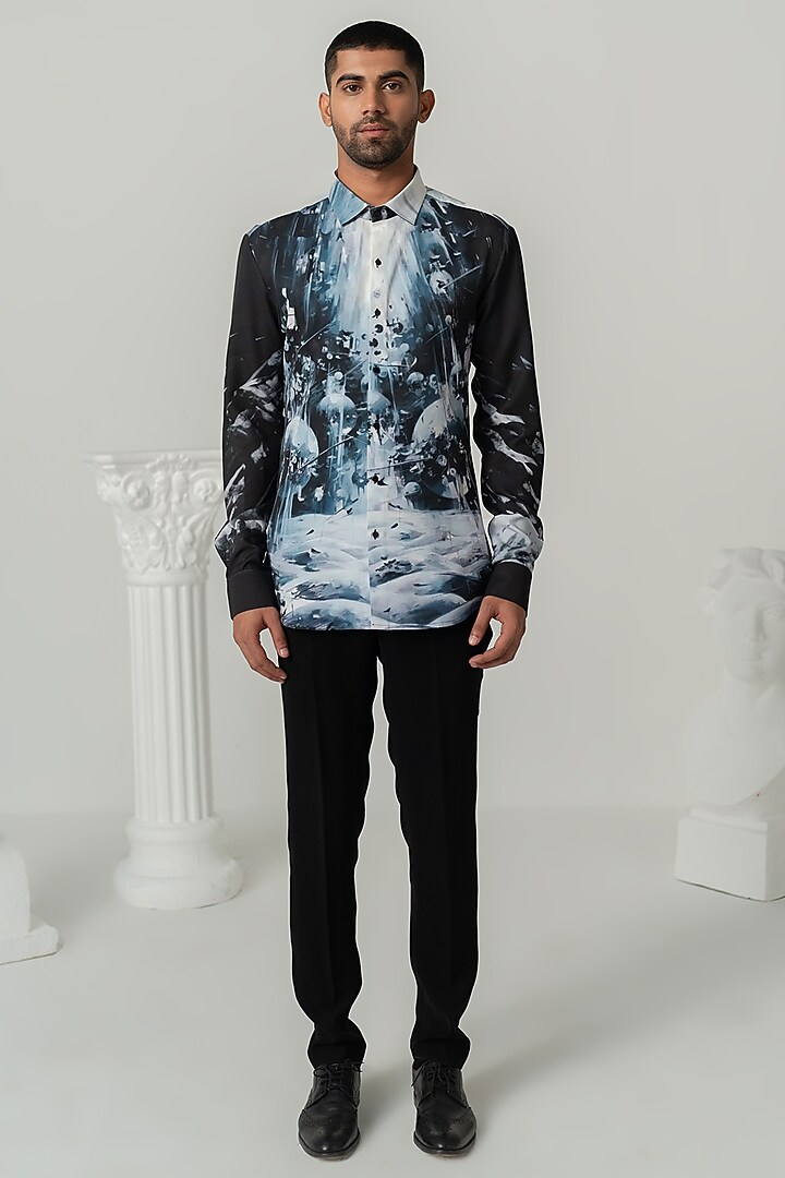 Black Italian Crepe Printed Wedding Shirt by Varun Chakkilam Men at Pernia's Pop Up Shop