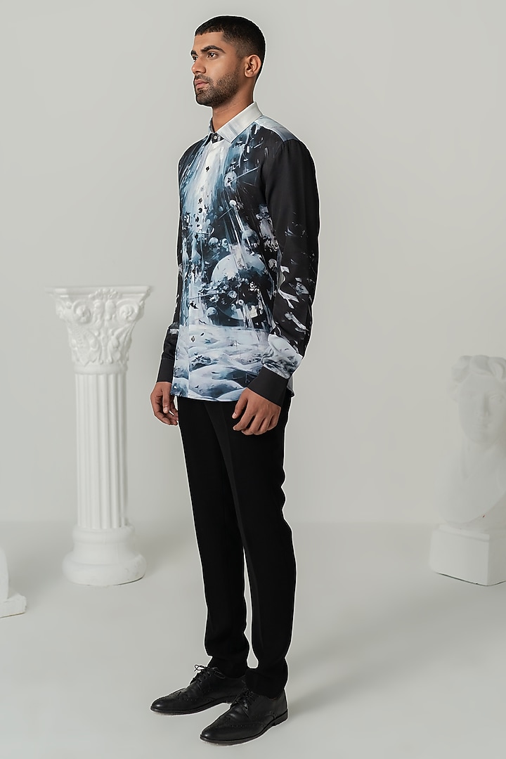 Black Italian Crepe Printed Wedding Shirt by Varun Chakkilam Men at Pernia's Pop Up Shop