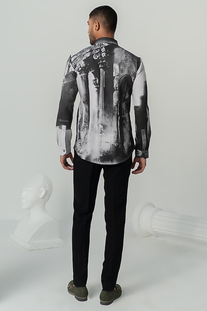 Charcoal Black Italian Crepe Printed Party Wear Shirt by Varun Chakkilam Men at Pernia's Pop Up Shop