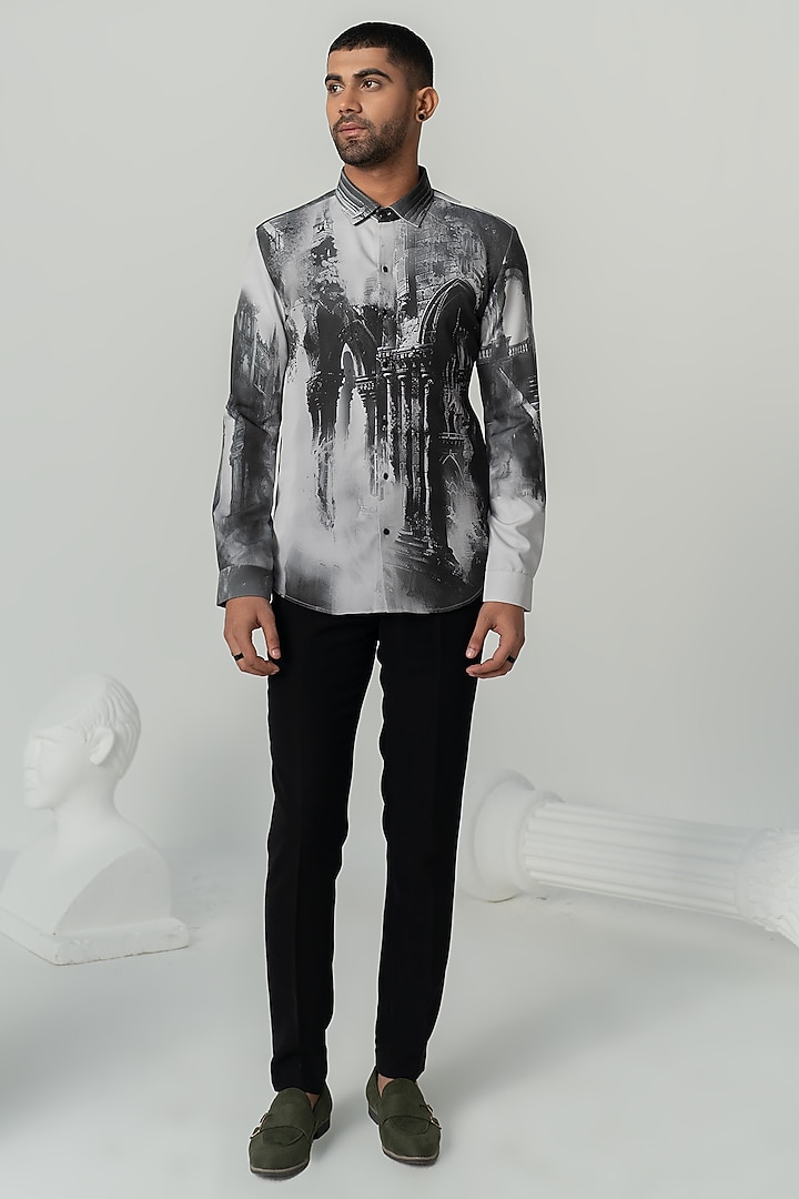 Charcoal Black Italian Crepe Printed Party Wear Shirt by Varun Chakkilam Men at Pernia's Pop Up Shop