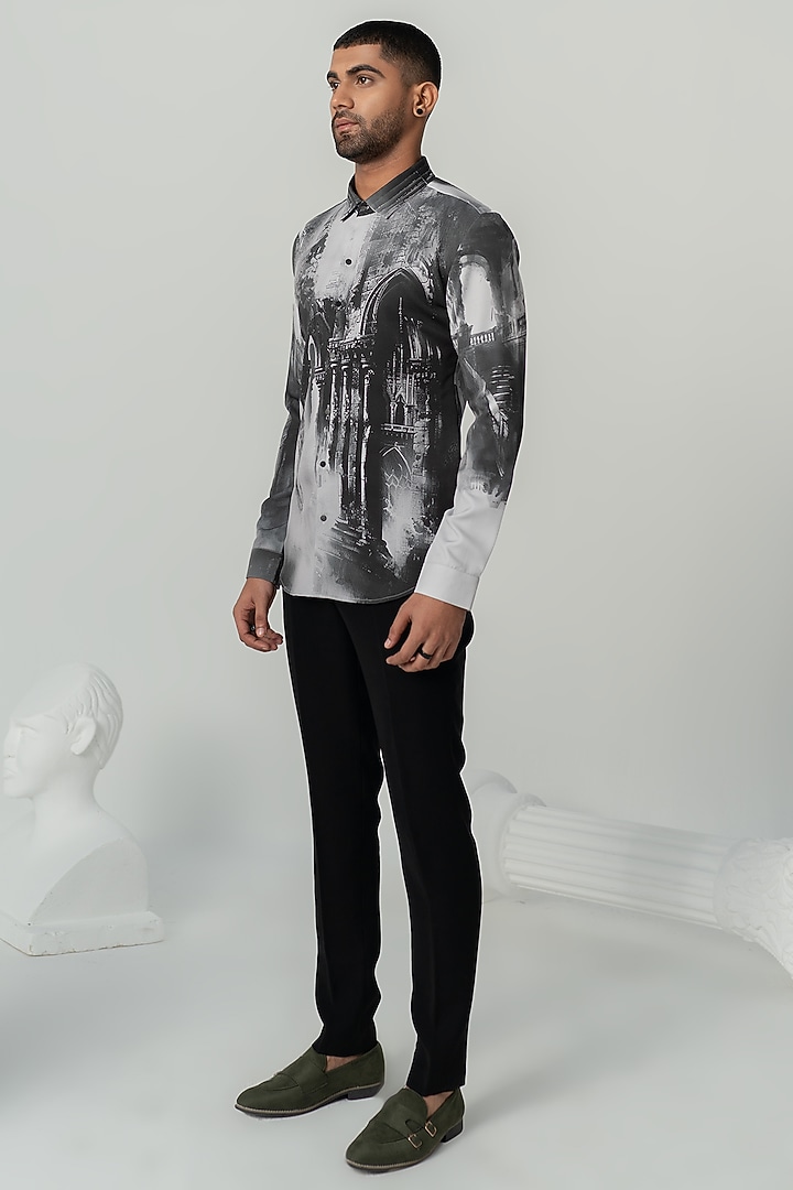 Charcoal Black Italian Crepe Printed Party Wear Shirt by Varun Chakkilam Men at Pernia's Pop Up Shop