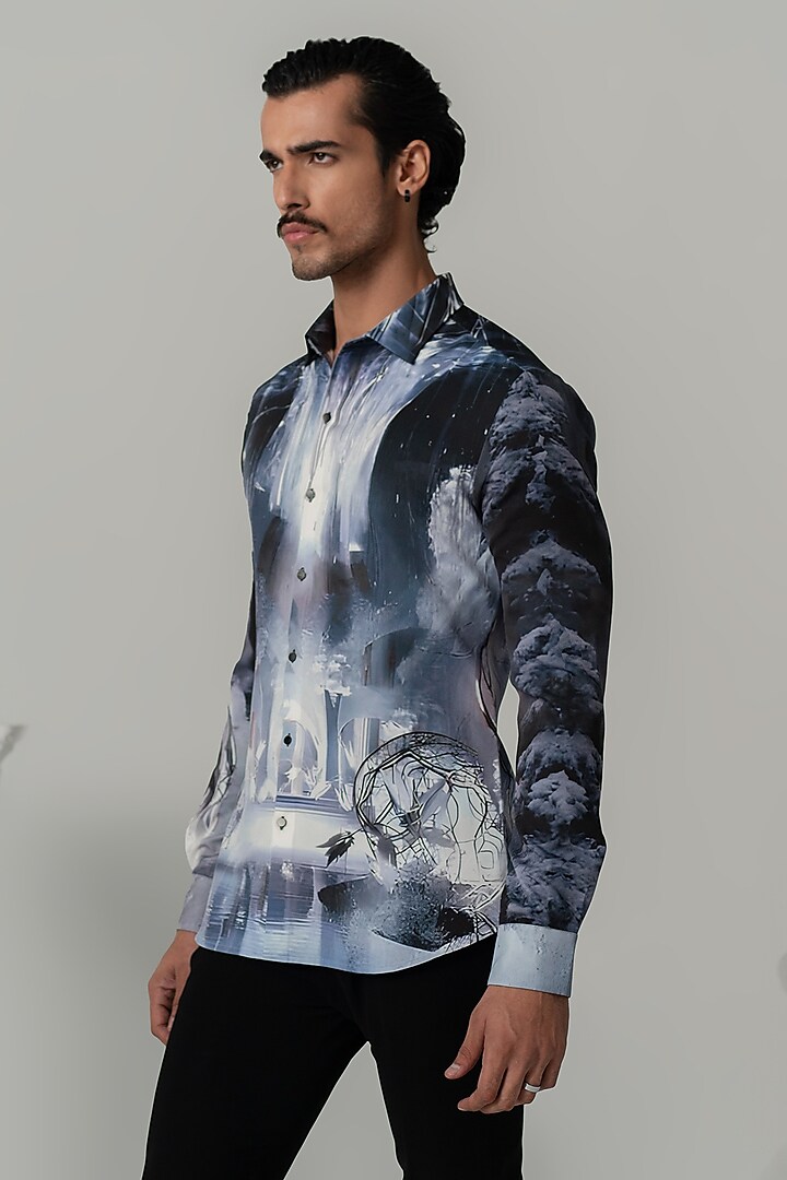 Black Japanese Polyester Printed Shirt by Varun Chakkilam Men