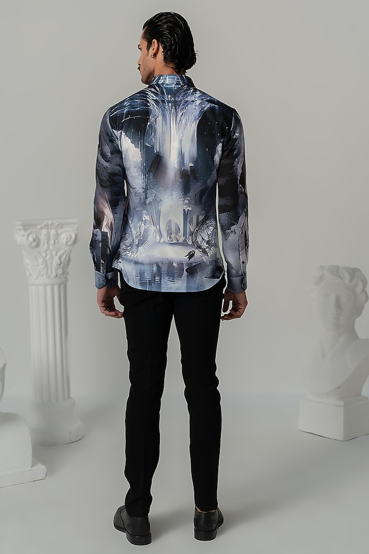 Black Japanese Polyester Printed Party Wear Shirt by Varun Chakkilam Men at Pernia's Pop Up Shop