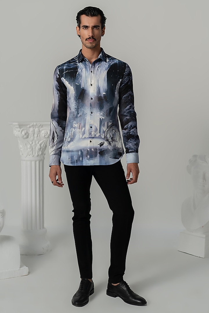 Black Japanese Polyester Printed Party Wear Shirt by Varun Chakkilam Men at Pernia's Pop Up Shop