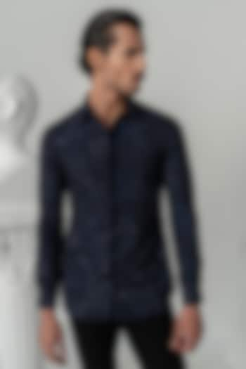 Midnight Blue Italian Crepe Printed Shirt by Varun Chakkilam Men