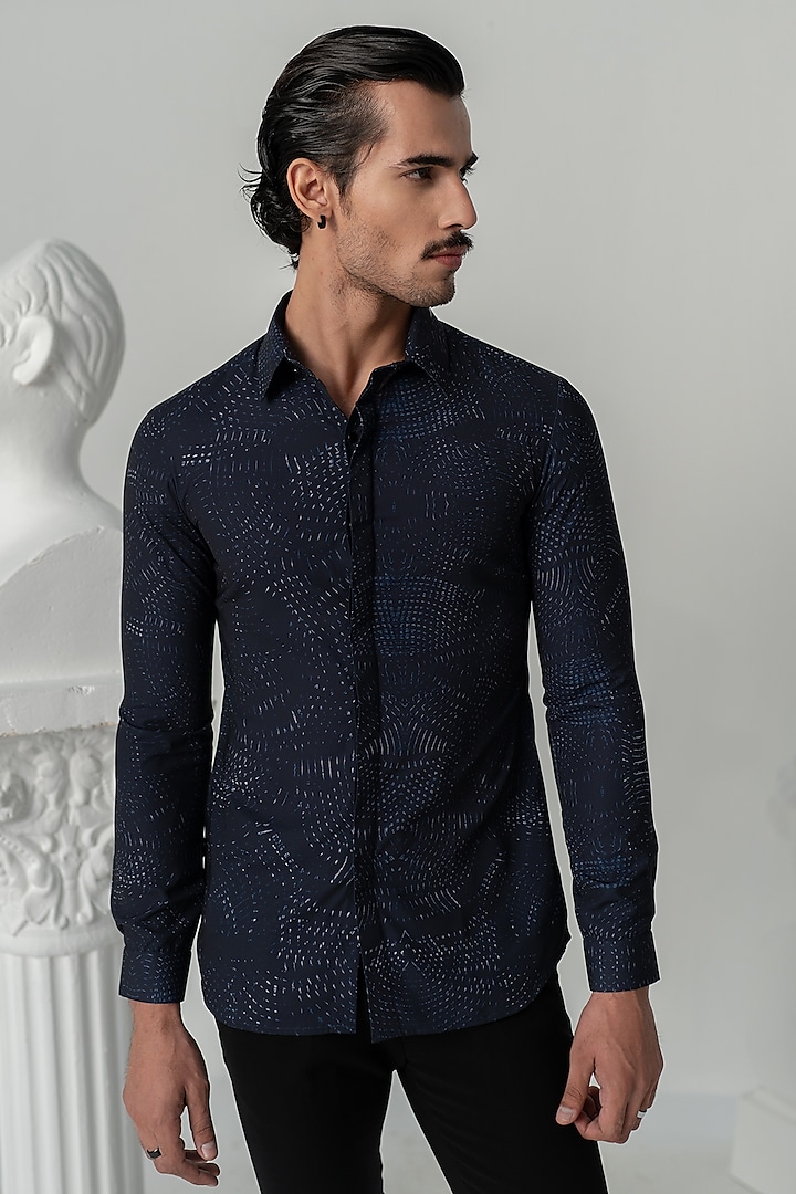 Midnight Blue Italian Crepe Printed Shirt by Varun Chakkilam Men