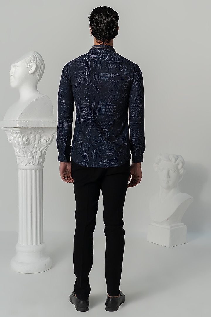 Midnight Blue Italian Crepe Printed Party Wear Shirt by Varun Chakkilam Men at Pernia's Pop Up Shop