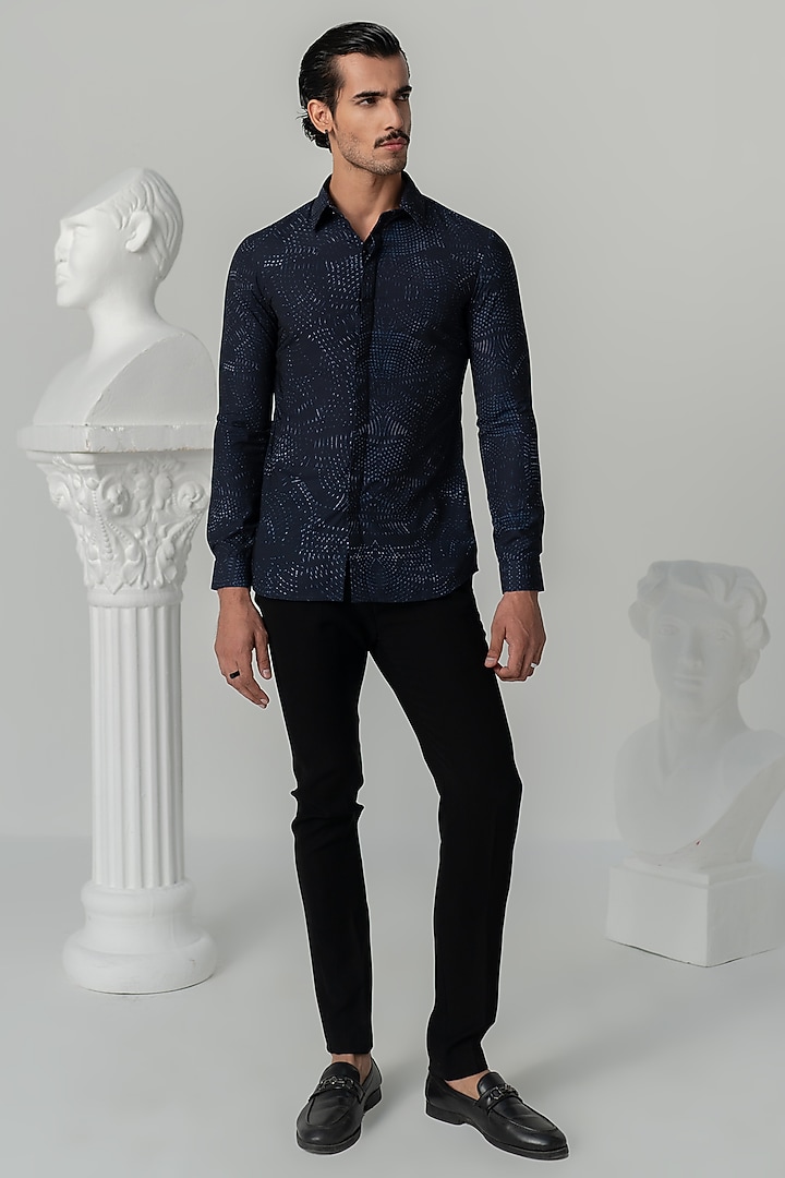 Midnight Blue Italian Crepe Printed Party Wear Shirt by Varun Chakkilam Men at Pernia's Pop Up Shop