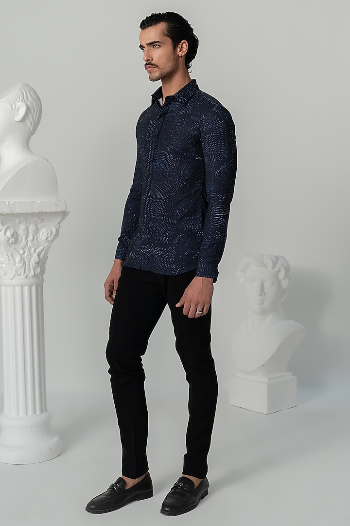 Midnight Blue Italian Crepe Printed Party Wear Shirt by Varun Chakkilam Men at Pernia's Pop Up Shop